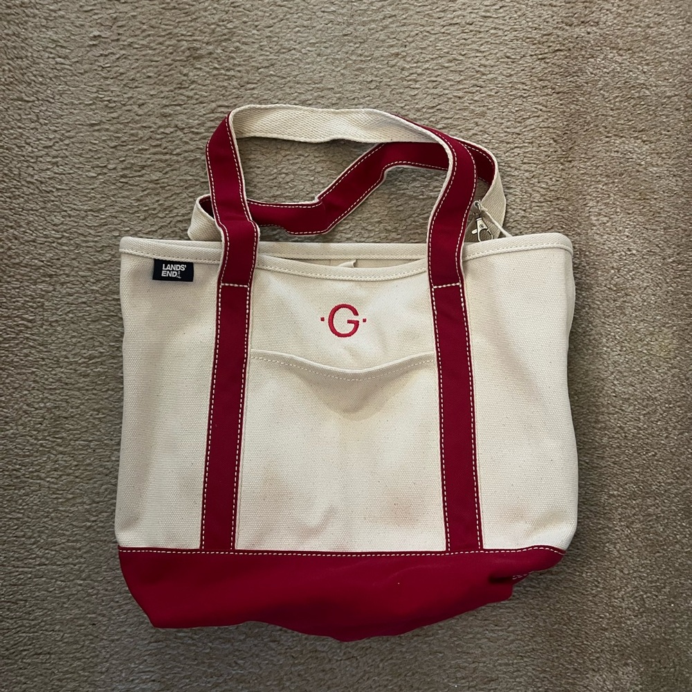 Lands' End Cream and Red Canvas Tote